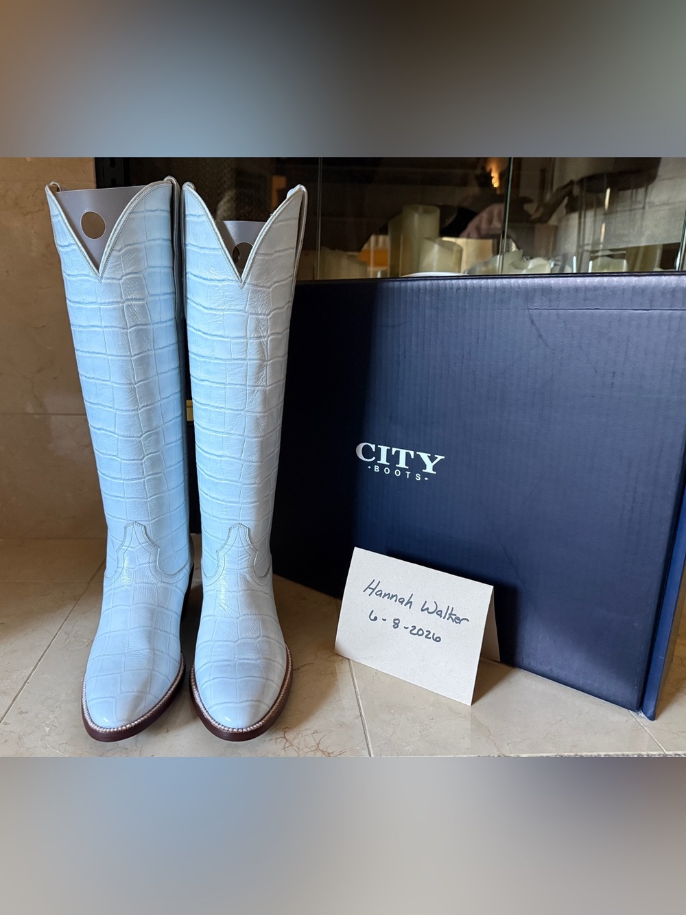 City Boots Co. The SOHO Powder Blue Croc-Embossed Leather Boots size 7 B